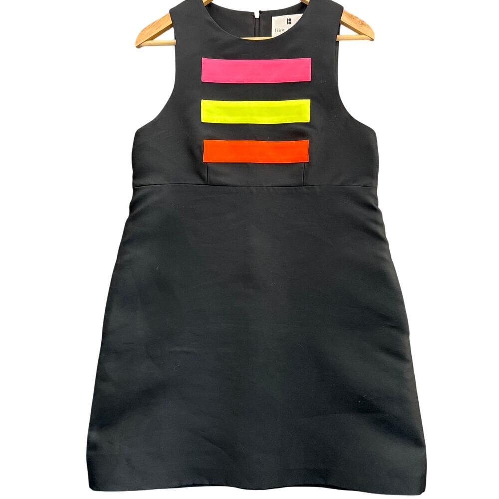 Lisa Perry Sleeveless Pockets Neon Stripe Black A Line Short Dress Women 8
